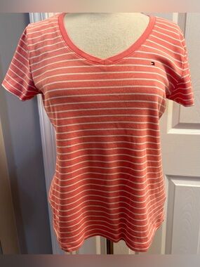 Tommy Hilfiger Coral and White Striped V-Neck Short Sleeve Tee